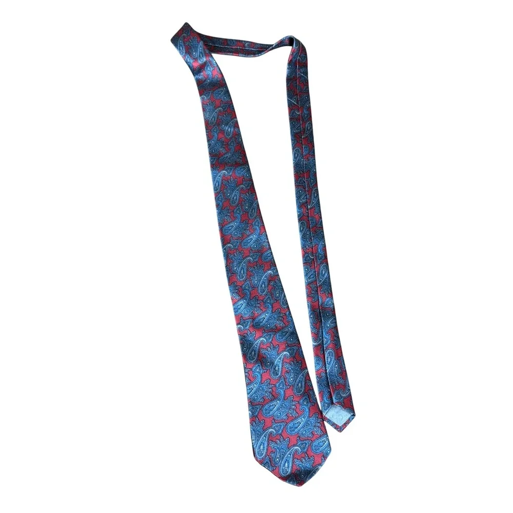 Christian Dior Tie Mens OS Red Blue Paisley Silk Woven Italy Vintage Designer
